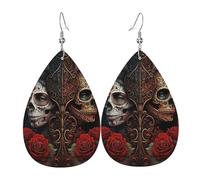 Leather Teardrop Earrings Lightweight Dangle Drop Earrings For Women - Skulls Lovers Day Of The Dead Red Roses, White