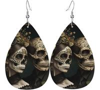 Leather Teardrop Earrings Lightweight Dangle Drop Earrings For Women - Skulls Lovers Day Of The Dead, White