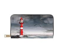 Leather Thin Slim Wallets for Women Men - 3d Lighthouse in the Surf Card Wallet for Men Women with Zipper