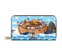 Leather Thin Slim Wallets for Women Men - Animals on Noah's Ark Floating Card Wallet for Women Men with Zipper