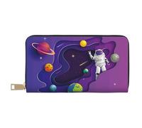 Leather Thin Slim Wallets for Women Men - Astronaut on Mission in Outer Space Clutch Wallet for Women Men with Zipper