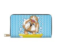 Leather Thin Slim Wallets for Women Men - Dog Takes a Bath in the Bathtub Card Wallet for Women Men with Zipper