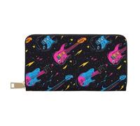 Leather Thin Slim Wallets for Women & Men - Guitar Blue Pink Print Card Wallet Holder with Zipper
