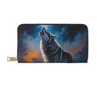 Leather Thin Slim Wallets for Women Men - Lonely Night Sky Wolf Clutch Wallet for Women Men with Zipper