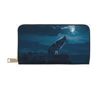 Leather Thin Slim Wallets for Women Men - Lonely Night Wolf Clutch Wallet for Women Men with Zipper