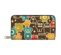 Leather Thin Slim Wallets for Women Men - Robot and Monsters Card Wallet for Women Men with Zipper