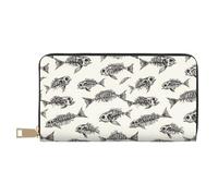 Leather Thin Slim Wallets for Women & Men - Skeleton Fish Fossil Print Card Wallet Holder with Zipper
