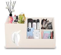 Leather Tissue Box with Side Pocket, Square Cosmetic Tissues Box with Magnetic Closure, Tissue Box with Shelf Top for Mobile Phones, Cosmetics, Remote Controls, Office Items, Perfumes (Beige)