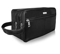 Leather Toiletry Bag - Toiletries Wash Bag - Soft Black Genuine Leather - Great Travel Gym Shower Bags - Unisex Men's or Ladies - 2 Zipped Compartments - Hang Up Carry Handle - Roamlite RL215
