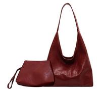 Leather Tote Hobo Bag, Women Leather Shoulder Bag, Large 2pcs Handbag with Clutch, Versatile Fall Crossbody Bags, Soft Commuting Bags for Work Shopping Daily (Wine Red)