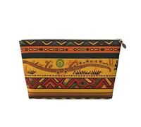 Leather Travel Makeup Bag with Abstract African National Pattern Prints - Gold Zipper Waterproof Cosmetic Bags Toiletry Bag for Daily Use & Travel