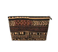 Leather Travel Makeup Bag with African Mud Cloth Tribal 1 Prints - Gold Zipper Waterproof Cosmetic Bags Toiletry Bag for Daily Use & Travel