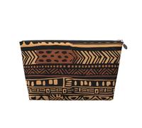 Leather Travel Makeup Bag with African Mud Cloth Tribal 1 Prints - Silver Zipper Waterproof Cosmetic Bags Toiletry Bag for Daily Use & Travel