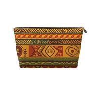 Leather Travel Makeup Bag with African National Patterns Prints - Gold Zipper Waterproof Cosmetic Bags Toiletry Bag for Daily Use & Travel