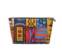 Leather Travel Makeup Bag with African National Patterns Prints - Silver Zipper Waterproof Cosmetic Bags Toiletry Bag for Daily Use & Travel