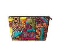 Leather Travel Makeup Bag with African Textile Patchwork Print Prints - Gold Zipper Waterproof Cosmetic Bags Toiletry Bag for Daily Use & Travel