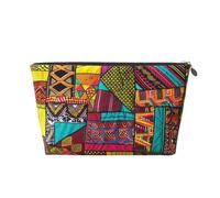 Leather Travel Makeup Bag with African Textile Patchwork Print Prints - Silver Zipper Waterproof Cosmetic Bags Toiletry Bag for Daily Use & Travel