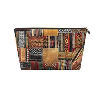 Leather Travel Makeup Bag with African Textile Patchwork Prints - Gold Zipper Waterproof Cosmetic Bags Toiletry Bag for Daily Use & Travel