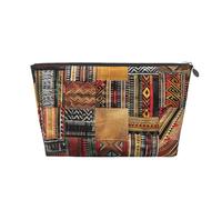 Leather Travel Makeup Bag with African Textile Patchwork Prints - Silver Zipper Waterproof Cosmetic Bags Toiletry Bag for Daily Use & Travel
