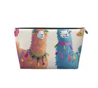 Leather Travel Makeup Bag with Alpaca Llama Prints - Silver Zipper Waterproof Cosmetic Bags Toiletry Bag for Daily Use & Travel