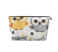 Leather Travel Makeup Bag with Animal Cartoon Owls Cute Prints - Gold Zipper Waterproof Cosmetic Bags Toiletry Bag for Daily Use & Travel