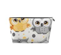 Leather Travel Makeup Bag with Animal Cartoon Owls Cute Prints - Silver Zipper Waterproof Cosmetic Bags Toiletry Bag for Daily Use & Travel