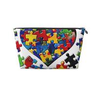 Leather Travel Makeup Bag with Autism Awareness Puzzle Pieces Heart Prints - Silver Zipper Waterproof Cosmetic Bags Toiletry Bag for Daily Use & Travel