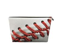 Leather Travel Makeup Bag with Baseball Lace Close Up Prints - Gold Zipper Waterproof Cosmetic Bags Toiletry Bag for Daily Use & Travel