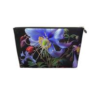 Leather Travel Makeup Bag with Beautiful Flowers 1 Prints - Gold Zipper Waterproof Cosmetic Bags Toiletry Bag for Daily Use & Travel