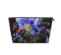 Leather Travel Makeup Bag with Beautiful Flowers 1 Prints - Silver Zipper Waterproof Cosmetic Bags Toiletry Bag for Daily Use & Travel