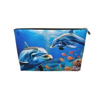 Leather Travel Makeup Bag with Beautiful Underwater World Dolphins Coral Prints - Gold Zipper Waterproof Cosmetic Bags Toiletry Bag for Daily Use & Travel