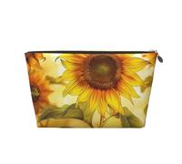 Leather Travel Makeup Bag with Beautiful Yellow Sunflower Prints - Gold Zipper Waterproof Cosmetic Bags Toiletry Bag for Daily Use & Travel
