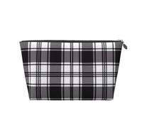 Leather Travel Makeup Bag with Black and White Plaid Prints - Silver Zipper Waterproof Cosmetic Bags Toiletry Bag for Daily Use & Travel