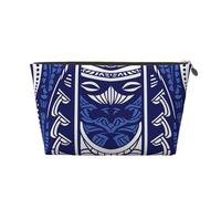 Leather Travel Makeup Bag with Blue Polynesian Maori Tribal Pattern Prints - Gold Zipper Waterproof Cosmetic Bags Toiletry Bag for Daily Use & Travel