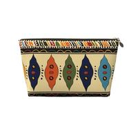 Leather Travel Makeup Bag with Bohemia Style Traditional African Pattern Prints - Gold Zipper Waterproof Cosmetic Bags Toiletry Bag for Daily Use & Travel
