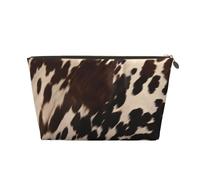 Leather Travel Makeup Bag with Brown Cowhide 1 Prints - Gold Zipper Waterproof Cosmetic Bags Toiletry Bag for Daily Use & Travel