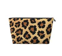 Leather Travel Makeup Bag with Brown Pattern Leopard Prints - Silver Zipper Waterproof Cosmetic Bags Toiletry Bag for Daily Use & Travel