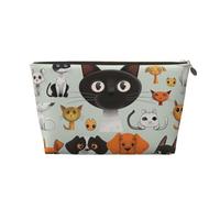 Leather Travel Makeup Bag with Cartoon Cat and Dog Prints - Gold Zipper Waterproof Cosmetic Bags Toiletry Bag for Daily Use & Travel