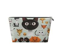 Leather Travel Makeup Bag with Cartoon Cat and Dog Prints - Silver Zipper Waterproof Cosmetic Bags Toiletry Bag for Daily Use & Travel