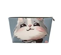 Leather Travel Makeup Bag with Cartoon cat Print Prints - Gold Zipper Waterproof Cosmetic Bags Toiletry Bag for Daily Use & Travel