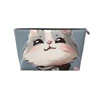 Leather Travel Makeup Bag with Cartoon cat Print Prints - Silver Zipper Waterproof Cosmetic Bags Toiletry Bag for Daily Use & Travel