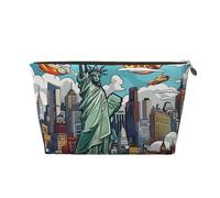 Leather Travel Makeup Bag with Cartoon Cute New York USA Theme Art Prints - Gold Zipper Waterproof Cosmetic Bags Toiletry Bag for Daily Use & Travel