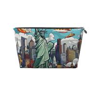 Leather Travel Makeup Bag with Cartoon Cute New York USA Theme Art Prints - Silver Zipper Waterproof Cosmetic Bags Toiletry Bag for Daily Use & Travel