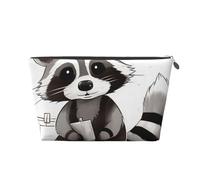 Leather Travel Makeup Bag with Cartoon Cute Raccoon Prints - Silver Zipper Waterproof Cosmetic Bags Toiletry Bag for Daily Use & Travel
