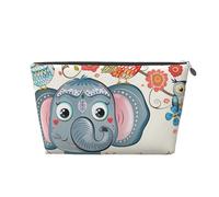 Leather Travel Makeup Bag with Cartoon Elephant and Owls Floral Prints - Silver Zipper Waterproof Cosmetic Bags Toiletry Bag for Daily Use & Travel