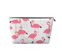 Leather Travel Makeup Bag with Cartoon Flamingo Pattern Prints - Gold Zipper Waterproof Cosmetic Bags Toiletry Bag for Daily Use & Travel
