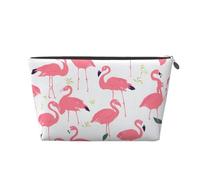 Leather Travel Makeup Bag with Cartoon Flamingo Pattern Prints - Silver Zipper Waterproof Cosmetic Bags Toiletry Bag for Daily Use & Travel