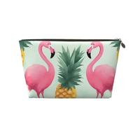 Leather Travel Makeup Bag with Cartoon Flamingo Pineapples Prints - Gold Zipper Waterproof Cosmetic Bags Toiletry Bag for Daily Use & Travel