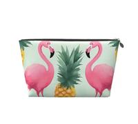 Leather Travel Makeup Bag with Cartoon Flamingo Pineapples Prints - Silver Zipper Waterproof Cosmetic Bags Toiletry Bag for Daily Use & Travel