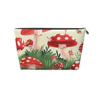 Leather Travel Makeup Bag with Cartoon Mushrooms Prints - Silver Zipper Waterproof Cosmetic Bags Toiletry Bag for Daily Use & Travel